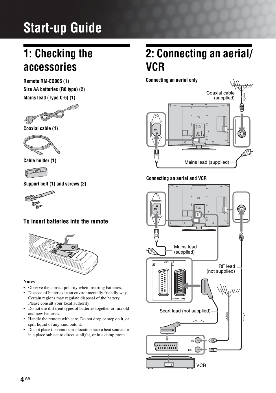 Start-up guide, Checking the accessories, Connecting an aerial/ vcr | Sony BRAVIA KDL-26S2000 User Manual | Page 4 / 132