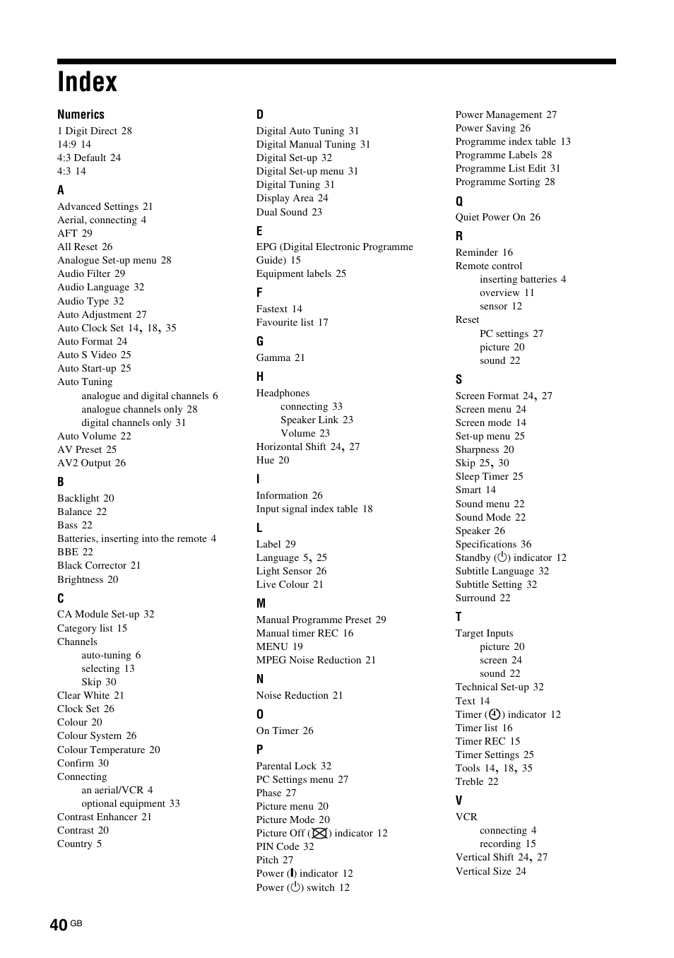 Index | Sony BRAVIA KDL-26S2000 User Manual | Page 40 / 132