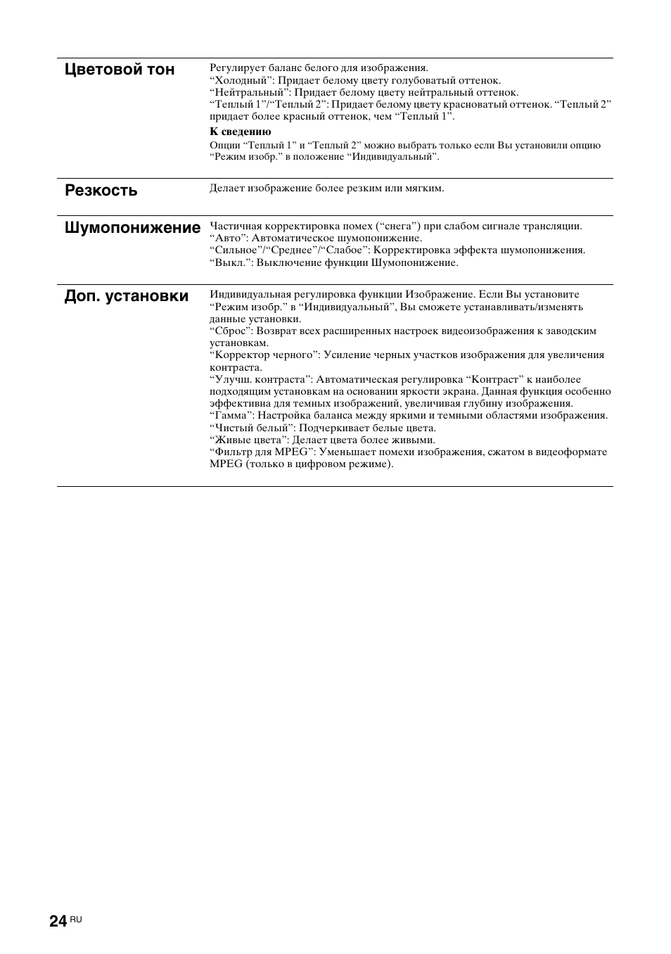 Цветовой тон, Резкость, Шумопонижение | Доп. установки | Sony BRAVIA KDL-26S2000 User Manual | Page 64 / 132