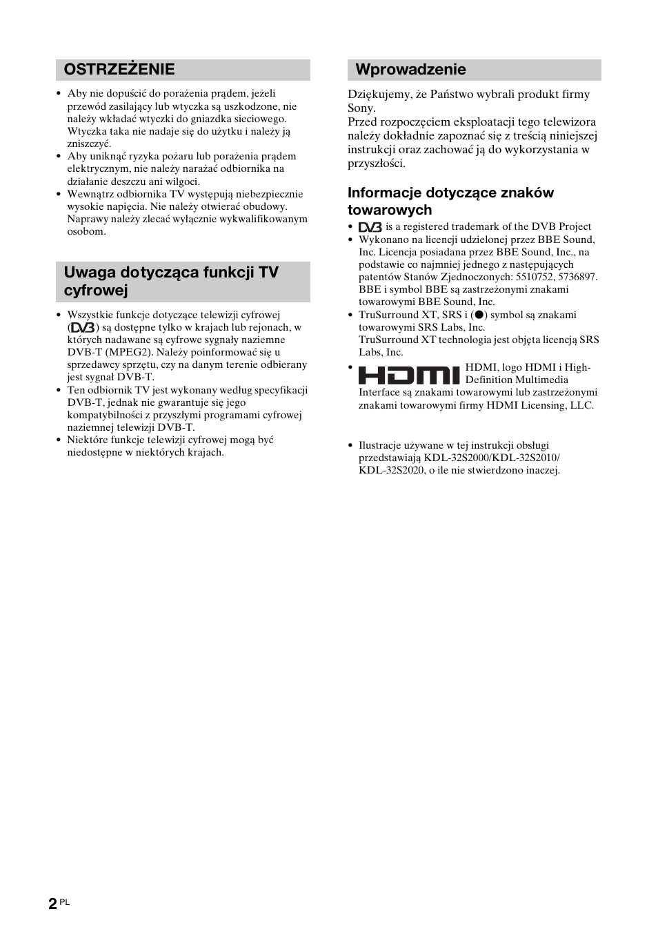 Informacje dotyczące znaków towarowych | Sony BRAVIA KDL-26S2000 User Manual | Page 88 / 132