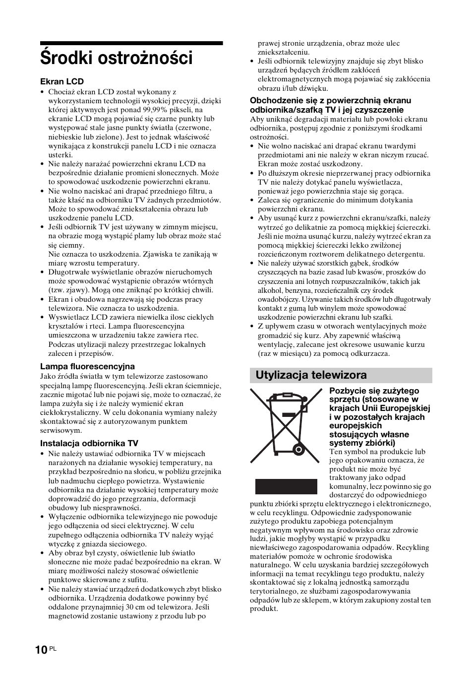Środki ostrożności, Utylizacja telewizora | Sony BRAVIA KDL-26S2000 User Manual | Page 96 / 132
