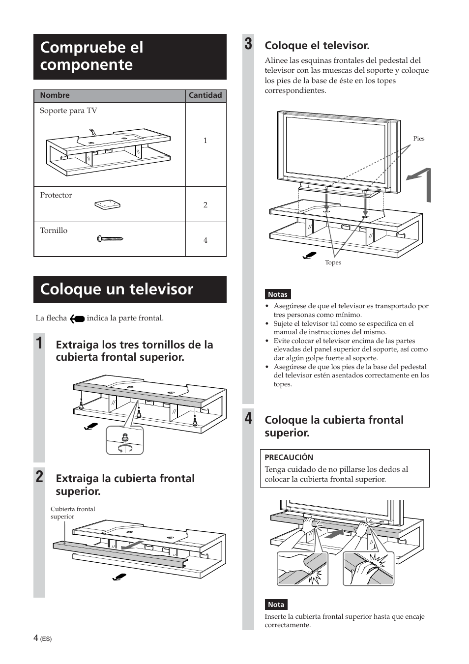 Compruebe el componente, Coloque un televisor, Coloque el televisor | Coloque la cubierta frontal superior, Extraiga la cubierta frontal superior | Sony SU-RS51U User Manual | Page 16 / 64