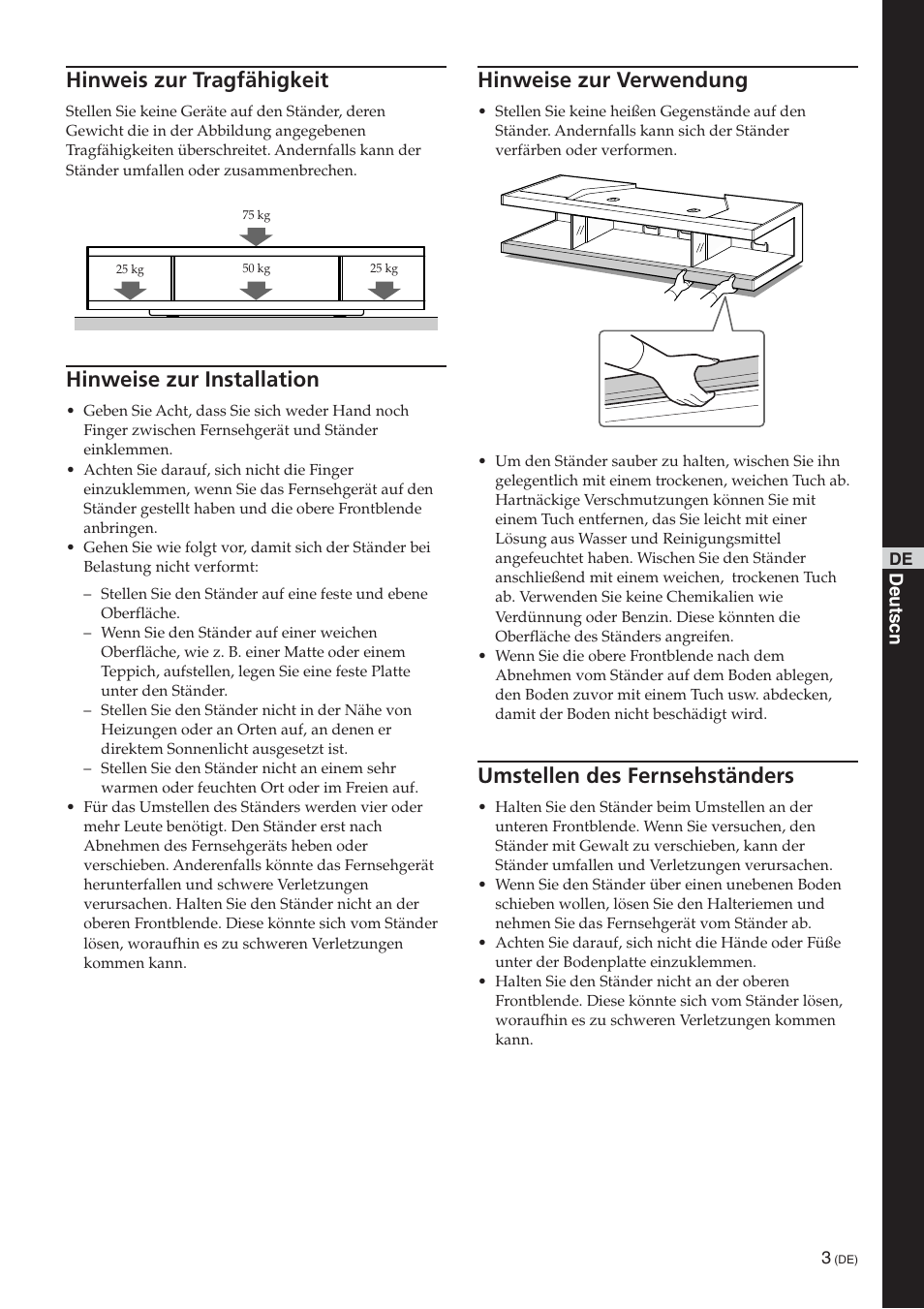 Hinweis zur tragfähigkeit, Hinweise zur installation, Hinweise zur verwendung | Umstellen des fernsehständers | Sony SU-RS51U User Manual | Page 21 / 64