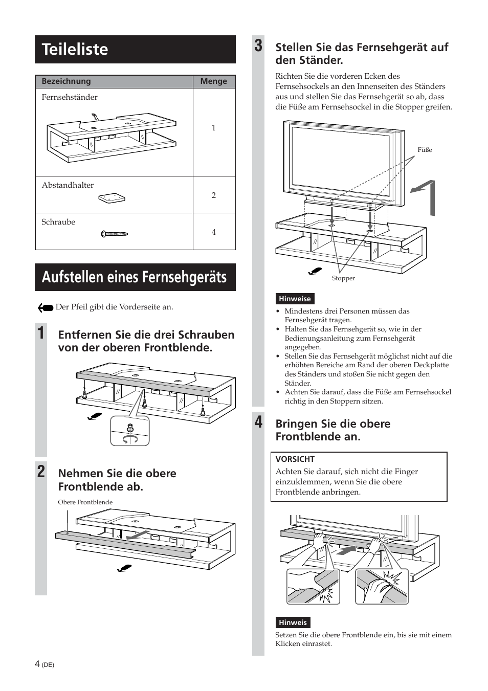 Aufstellen eines fernsehgeräts, Teileliste, Nehmen sie die obere frontblende ab | Stellen sie das fernsehgerät auf den ständer, Bringen sie die obere frontblende an | Sony SU-RS51U User Manual | Page 22 / 64