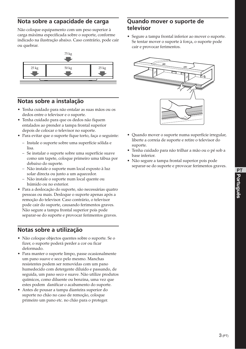 Nota sobre a capacidade de carga, Notas sobre a instalação, Notas sobre a utilização | Quando mover o suporte de televisor | Sony SU-RS51U User Manual | Page 33 / 64