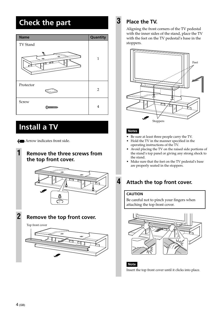 Install a tv, Check the part, Remove the three screws from the top front cover | Remove the top front cover, Place the tv, Attach the top front cover | Sony SU-RS51U User Manual | Page 4 / 64