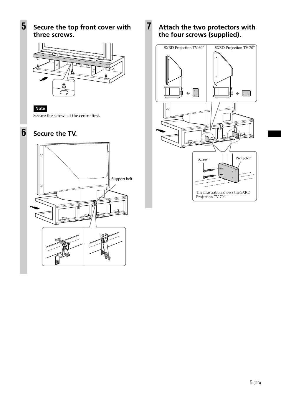 Secure the top front cover with three screws, Secure the tv | Sony SU-RS51U User Manual | Page 5 / 64