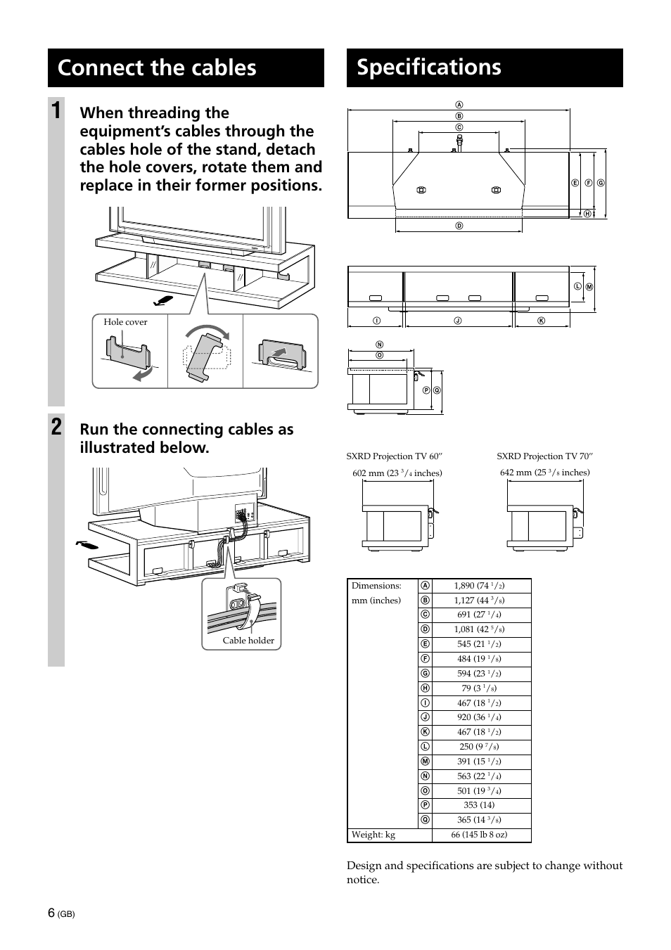 Specifications, Connect the cables 1, Run the connecting cables as illustrated below | Sony SU-RS51U User Manual | Page 6 / 64