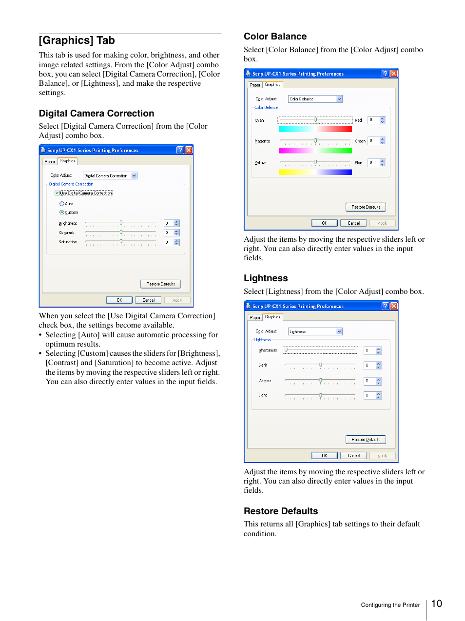 Graphics] tab, Windows 2000 [graphics] tab | Sony UP-CX1 User Manual | Page 10 / 10