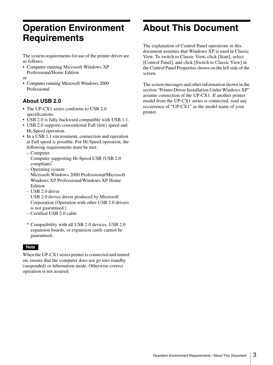 Operation environment requirements, About this document, Windows 2000 | Sony UP-CX1 User Manual | Page 3 / 10