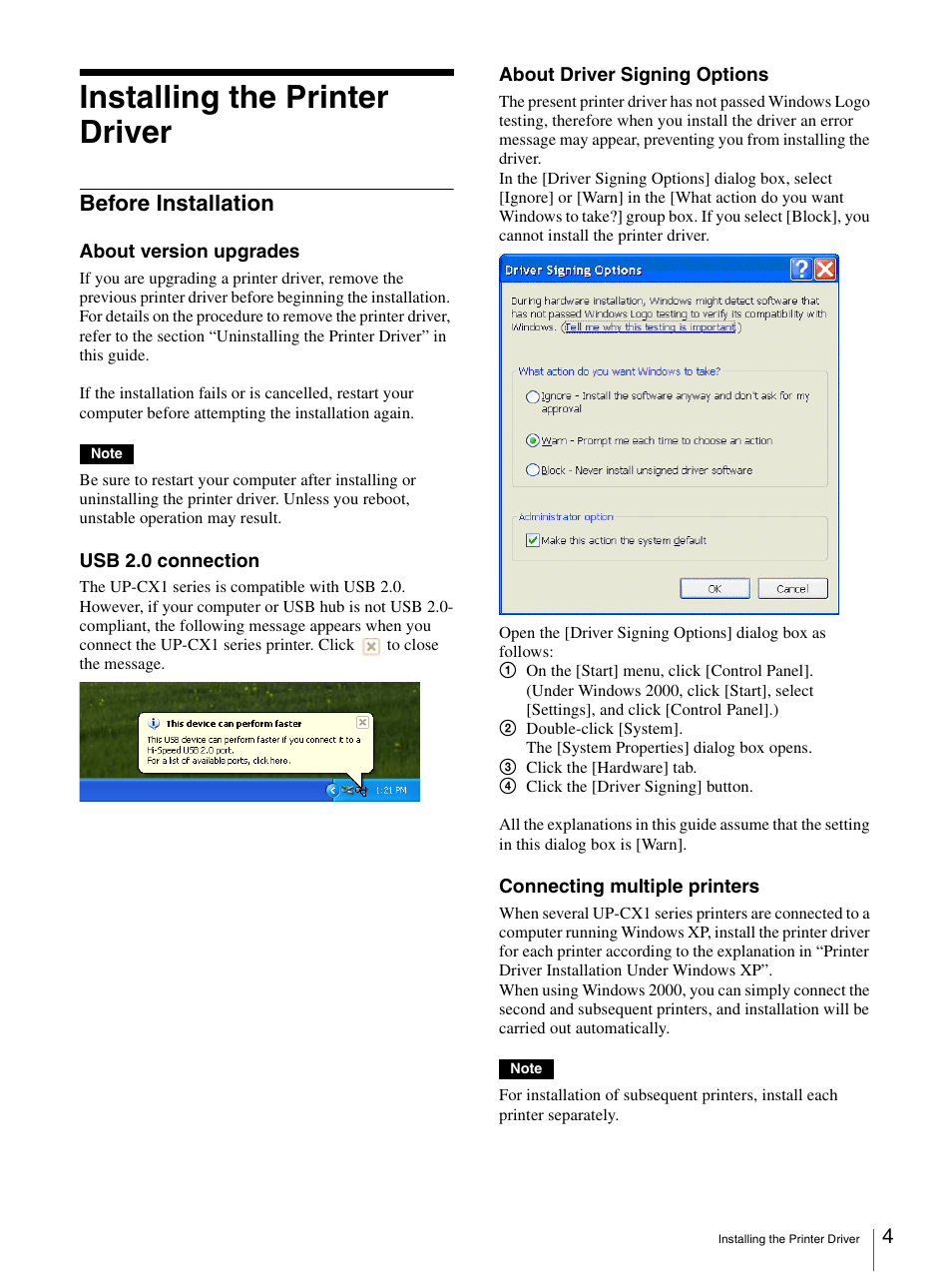 Installing the printer driver, Before installation, Windows 2000 | Sony UP-CX1 User Manual | Page 4 / 10