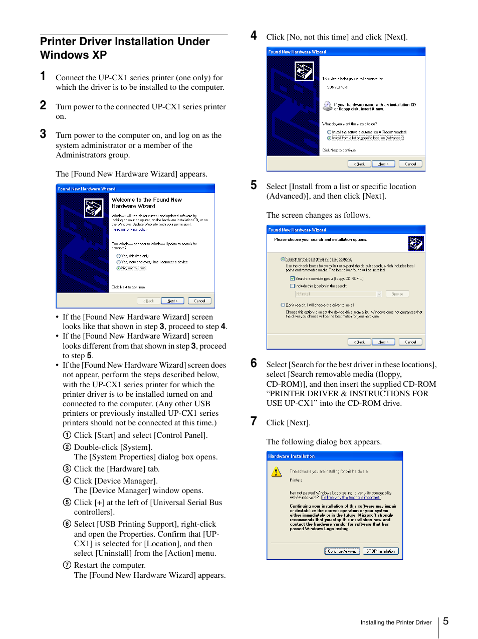 Printer driver installation under windows xp | Sony UP-CX1 User Manual | Page 5 / 10