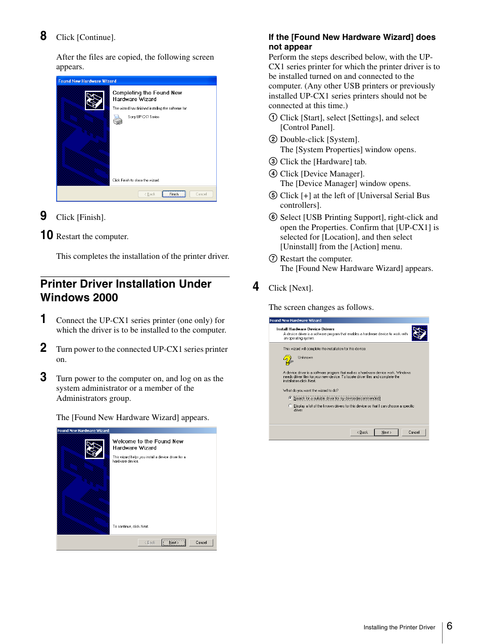 Printer driver installation under windows 2000, Windows 2000 | Sony UP-CX1 User Manual | Page 6 / 10