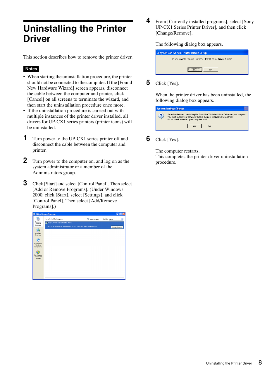 Uninstalling the printer driver | Sony UP-CX1 User Manual | Page 8 / 10