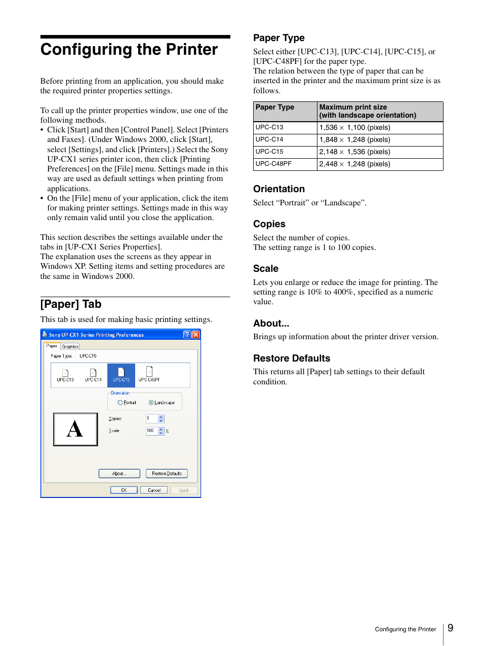 Configuring the printer, Paper] tab, Windows 2000 | Sony UP-CX1 User Manual | Page 9 / 10