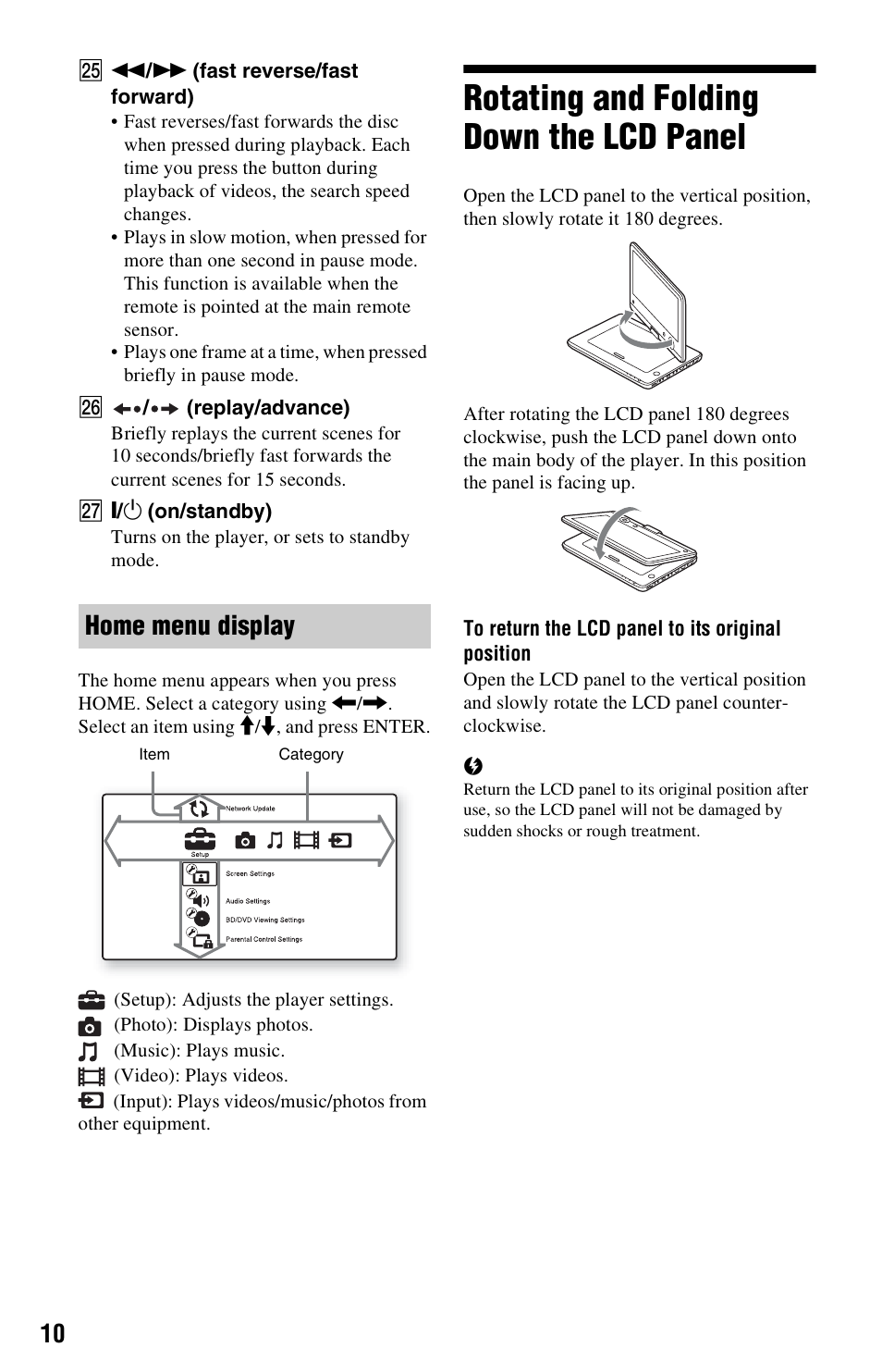 Rotating and folding down the lcd panel, Home menu display | Sony BLU-RAY DISC BDP-SX1000 User Manual | Page 10 / 32