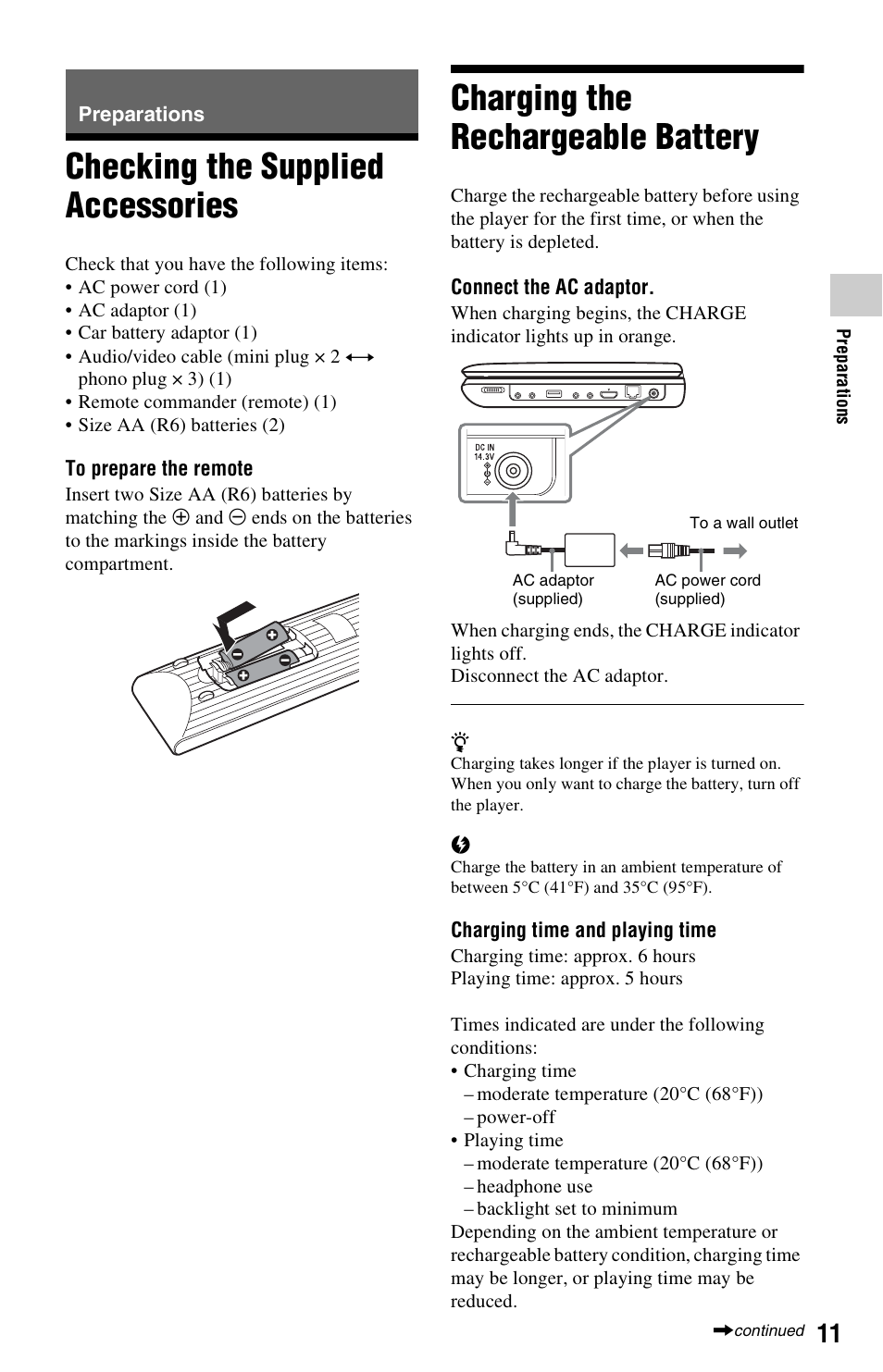 Preparations, Checking the supplied accessories, Charging the rechargeable battery | Sony BLU-RAY DISC BDP-SX1000 User Manual | Page 11 / 32