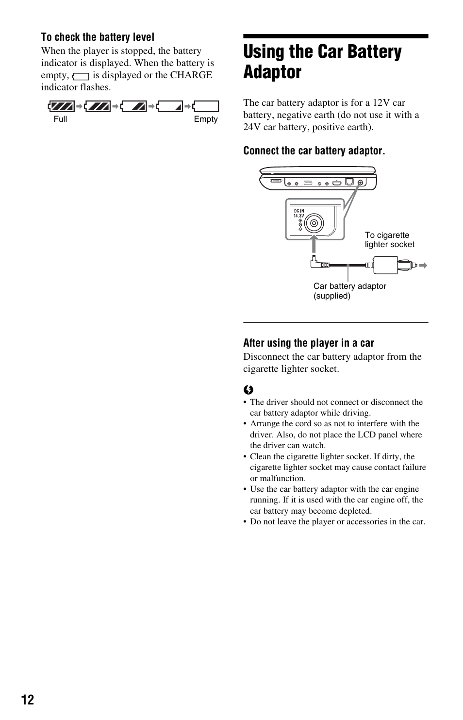 Using the car battery adaptor | Sony BLU-RAY DISC BDP-SX1000 User Manual | Page 12 / 32