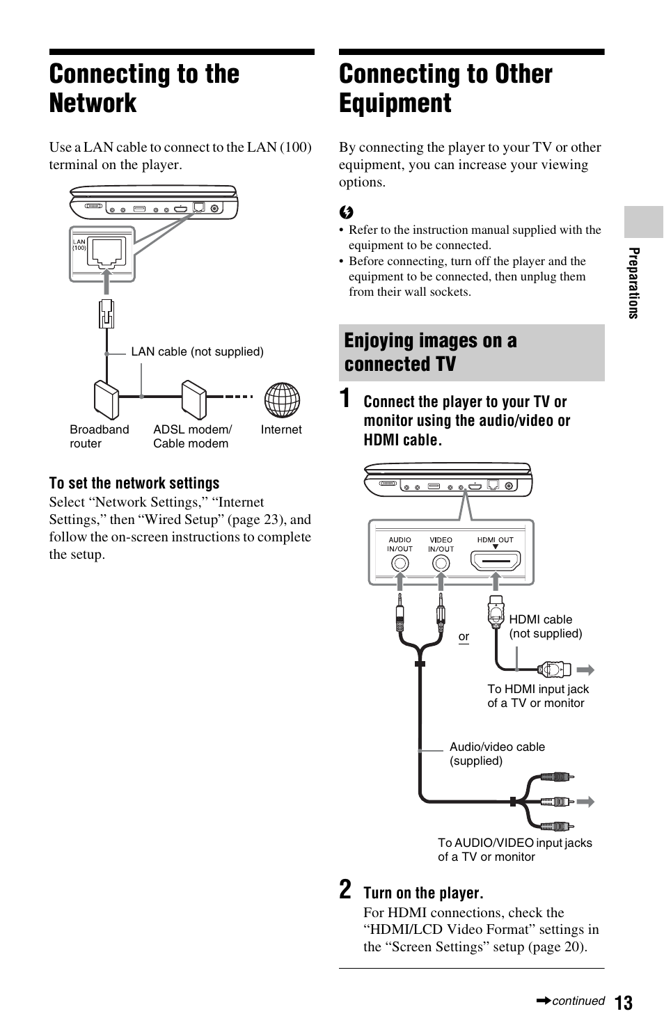 Connecting to the network, Connecting to other equipment, Enjoying images on a connected tv | Sony BLU-RAY DISC BDP-SX1000 User Manual | Page 13 / 32