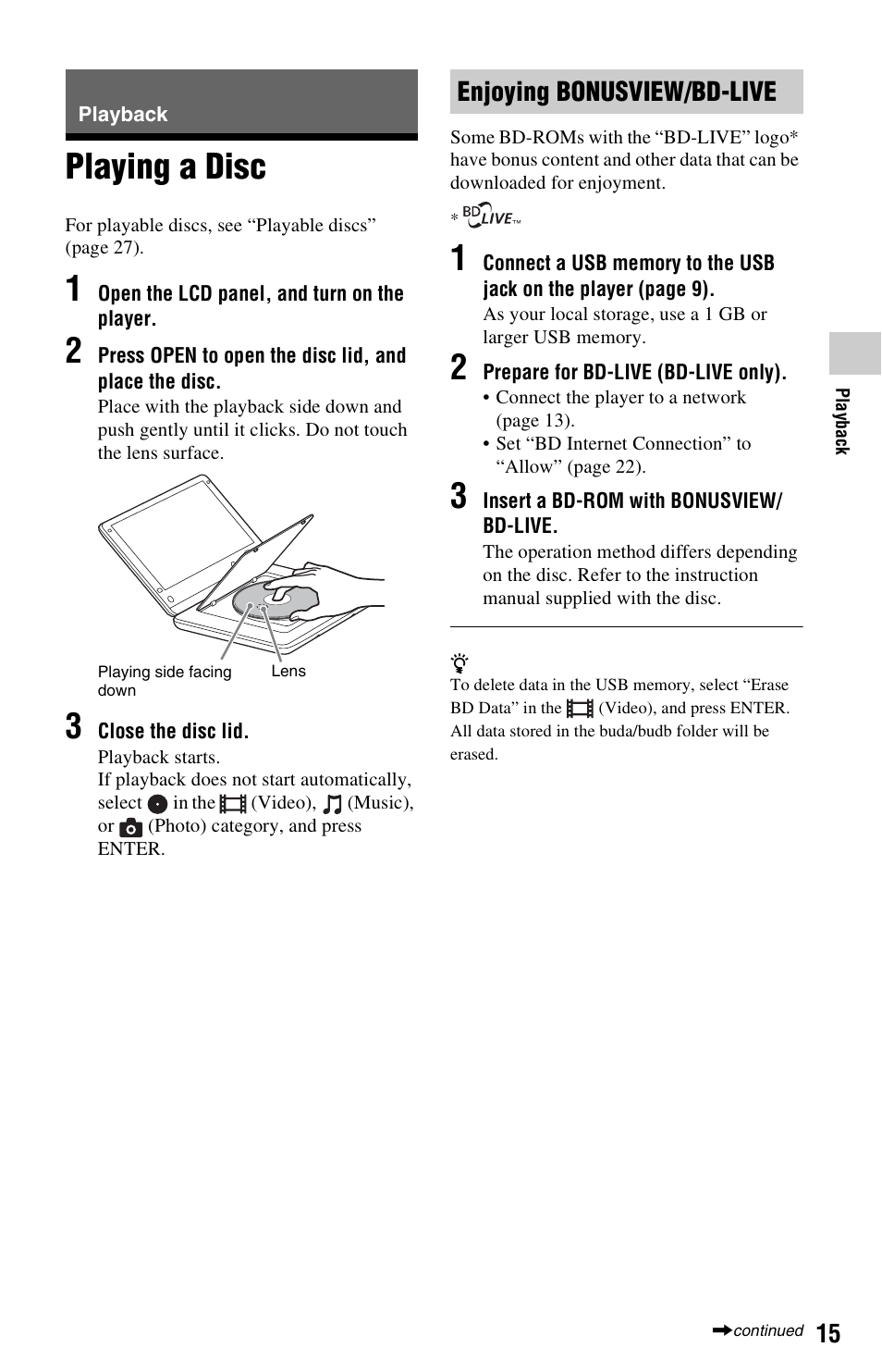 Playback, Playing a disc, Enjoying bonusview/bd-live | Sony BLU-RAY DISC BDP-SX1000 User Manual | Page 15 / 32