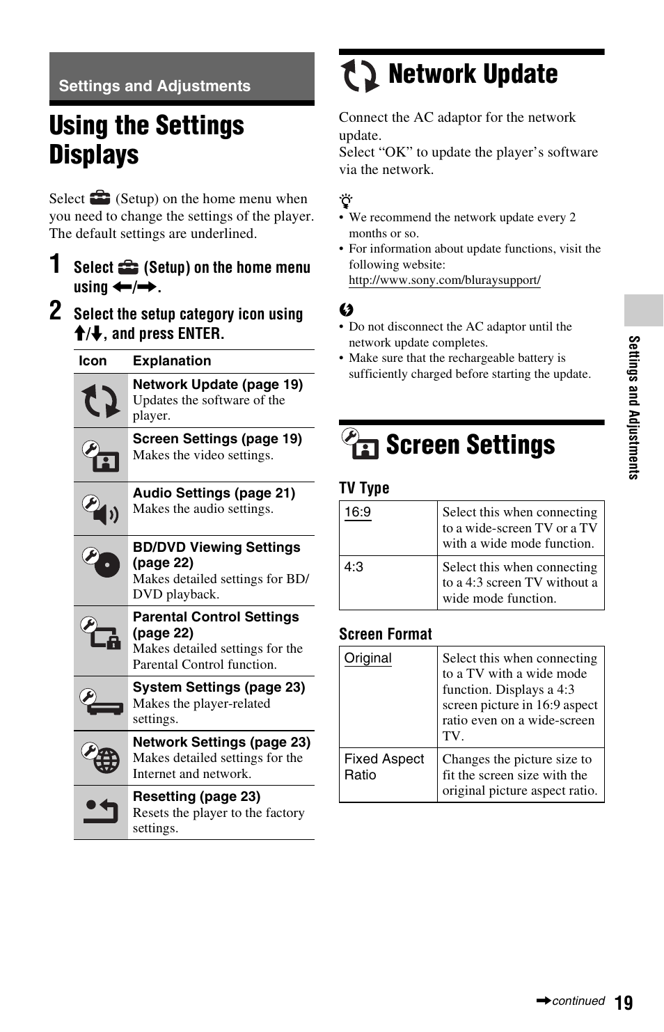 Settings and adjustments, Using the settings displays, Network update | Screen settings | Sony BLU-RAY DISC BDP-SX1000 User Manual | Page 19 / 32