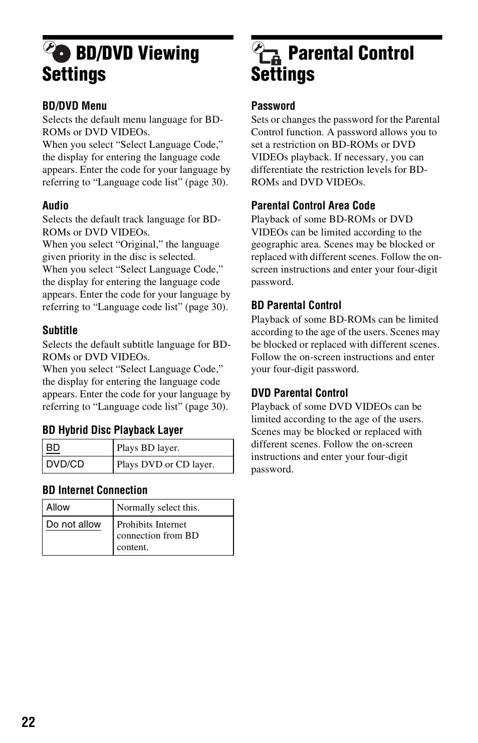 Bd/dvd viewing settings, Parental control settings, Bd/dvd viewing settings parental control settings | Sony BLU-RAY DISC BDP-SX1000 User Manual | Page 22 / 32