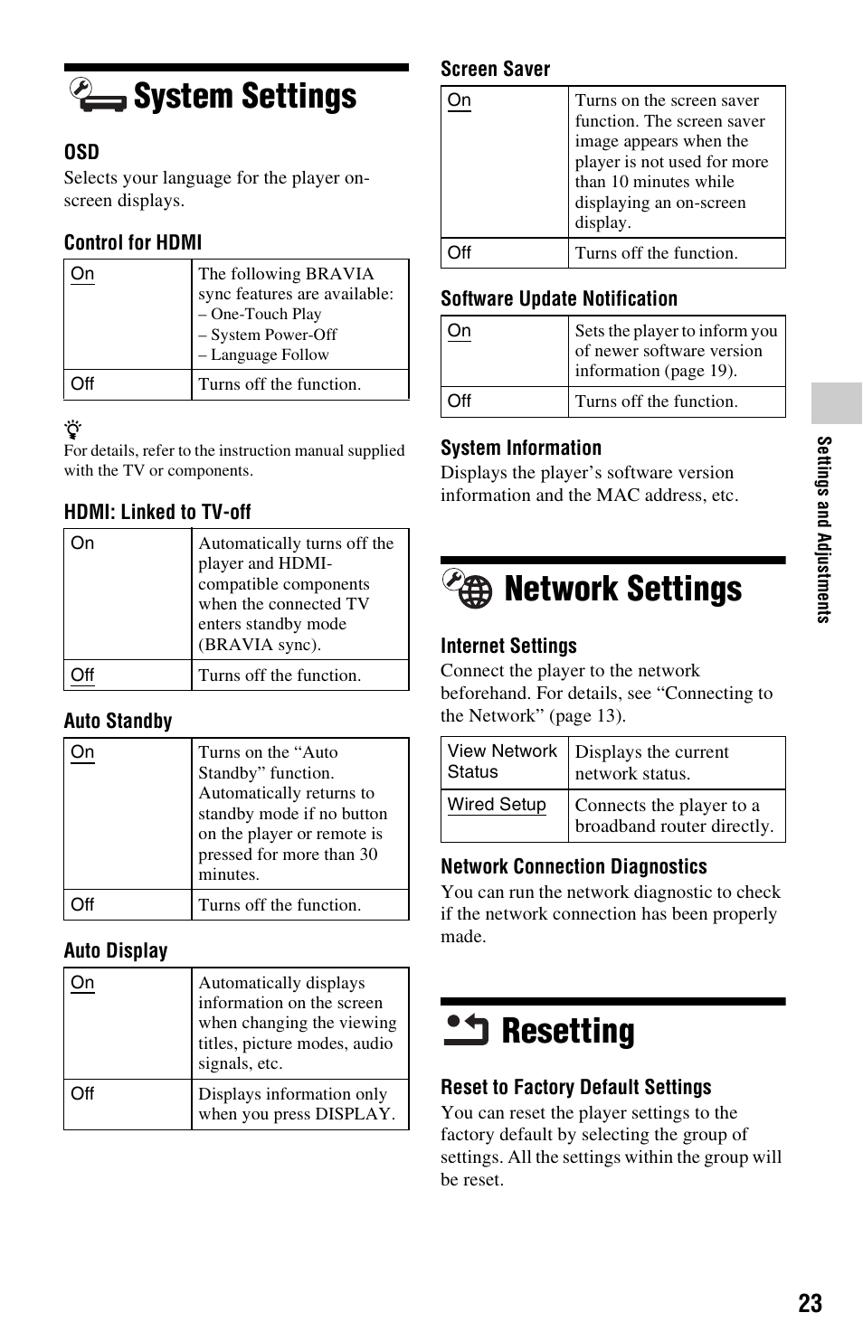 System settings, Network settings, Resetting | System settings network settings resetting | Sony BLU-RAY DISC BDP-SX1000 User Manual | Page 23 / 32