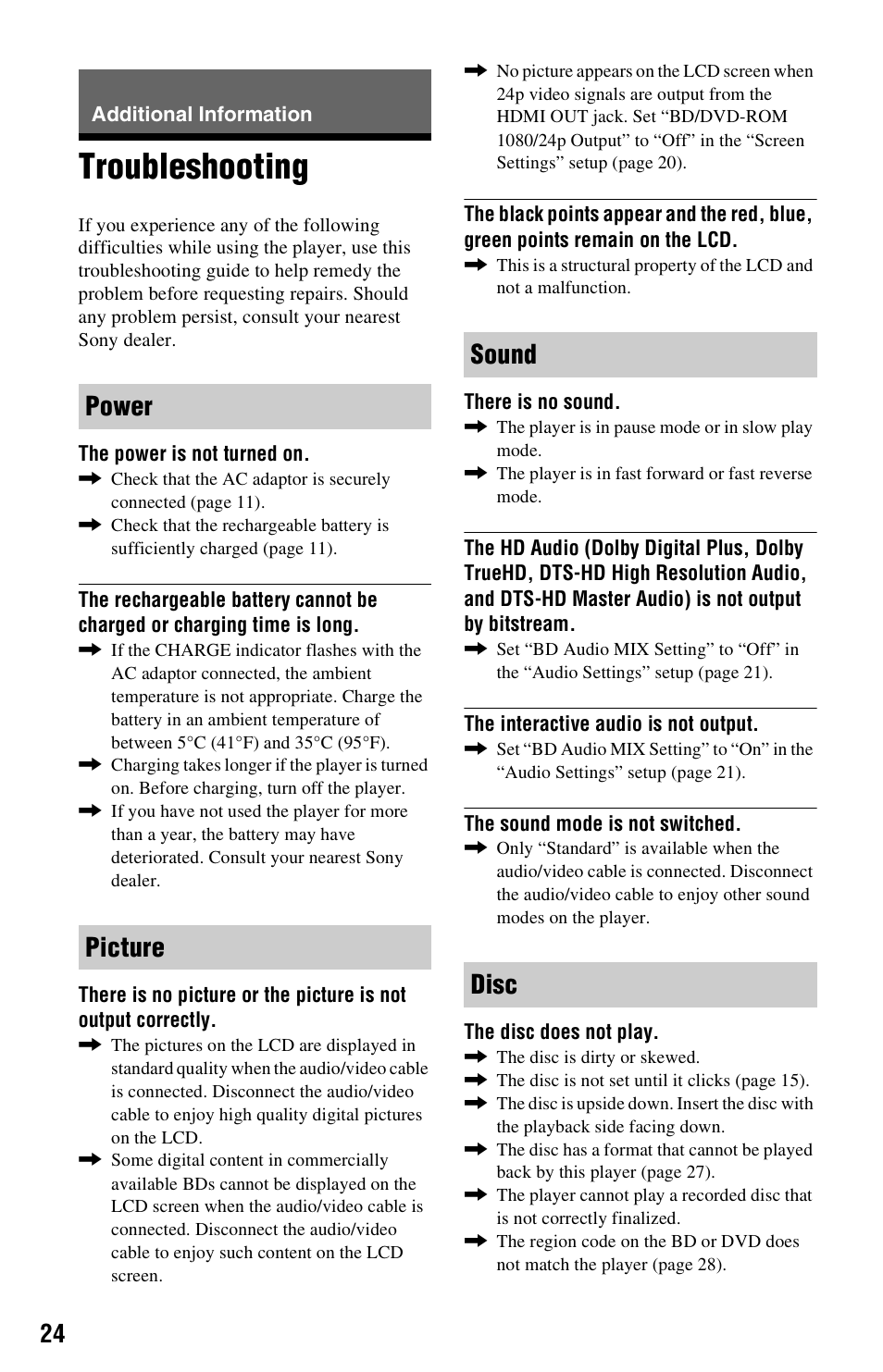 Additional information, Troubleshooting, Power picture sound disc | Sony BLU-RAY DISC BDP-SX1000 User Manual | Page 24 / 32