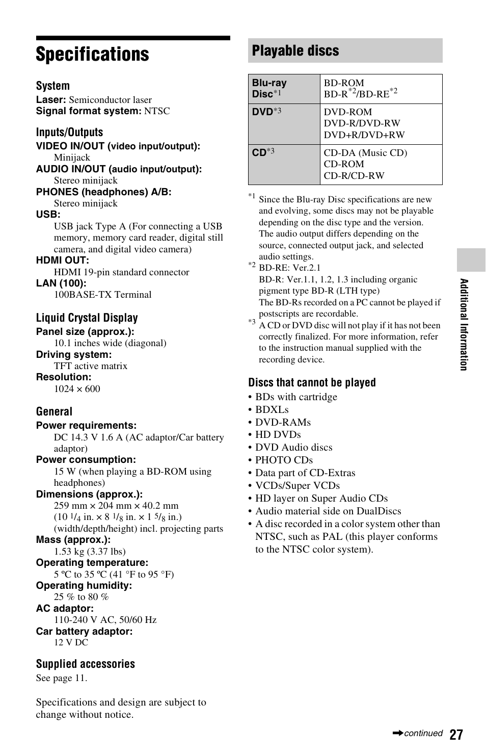 Specifications, Playable discs | Sony BLU-RAY DISC BDP-SX1000 User Manual | Page 27 / 32