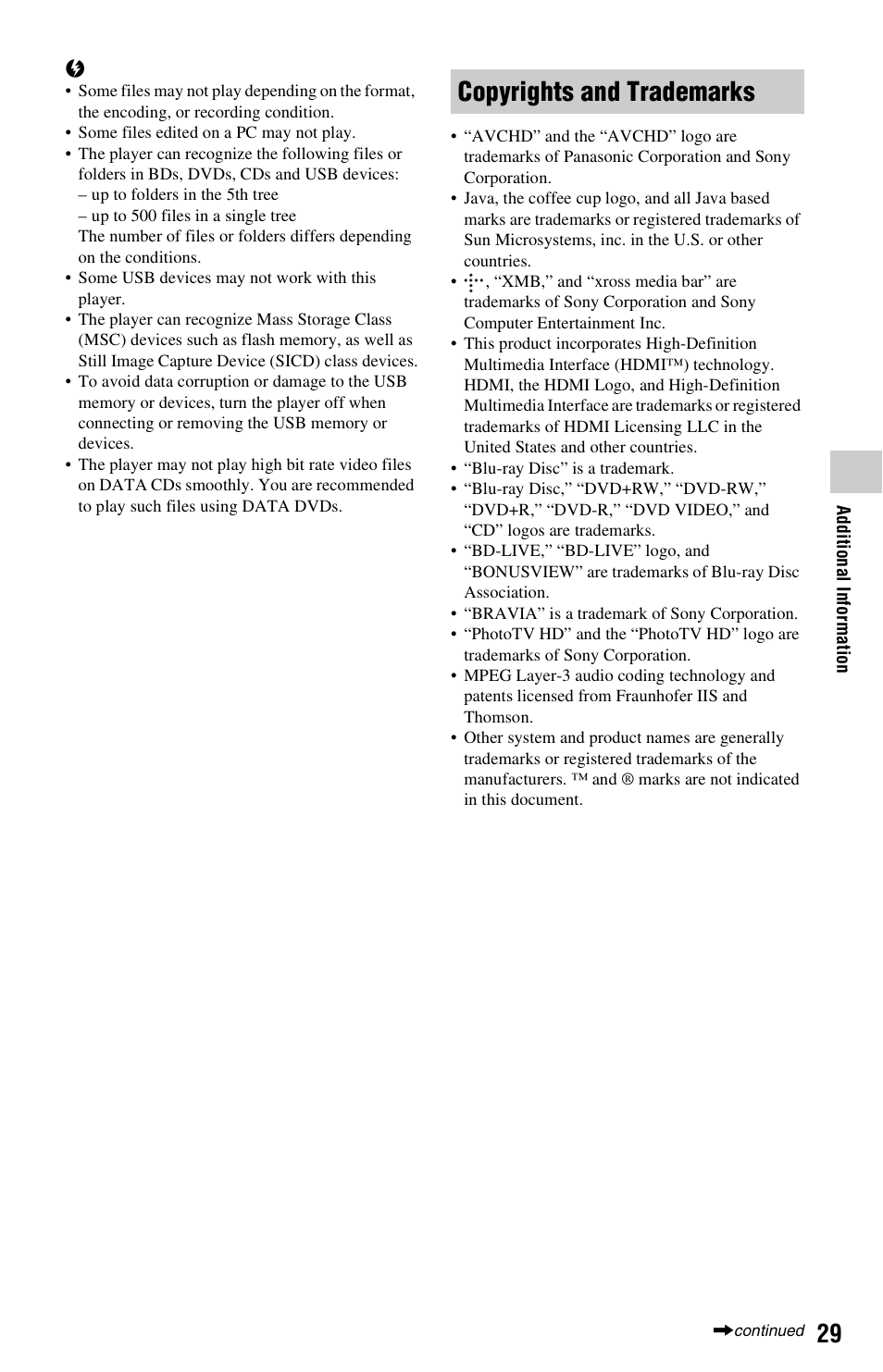 Copyrights and trademarks | Sony BLU-RAY DISC BDP-SX1000 User Manual | Page 29 / 32