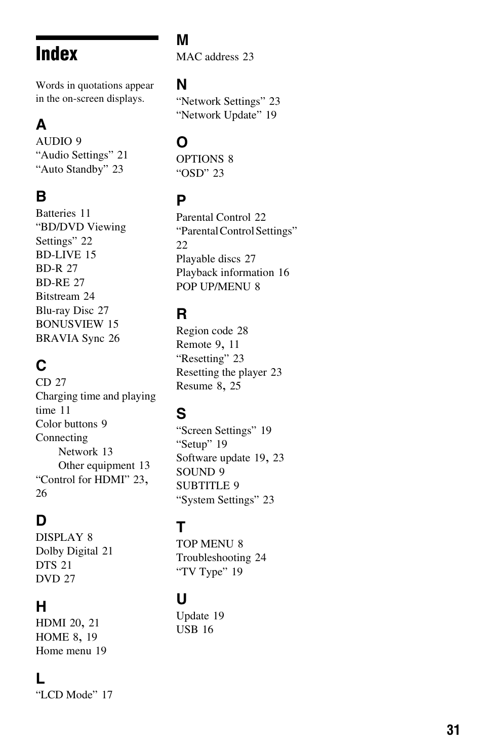 Index | Sony BLU-RAY DISC BDP-SX1000 User Manual | Page 31 / 32