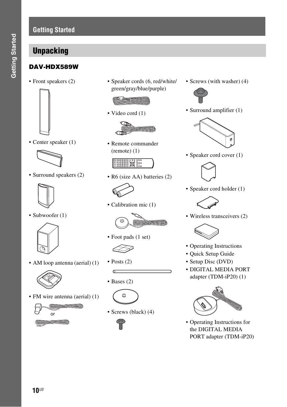 Getting started, Unpacking | Sony DAV-HDX589W User Manual | Page 10 / 116