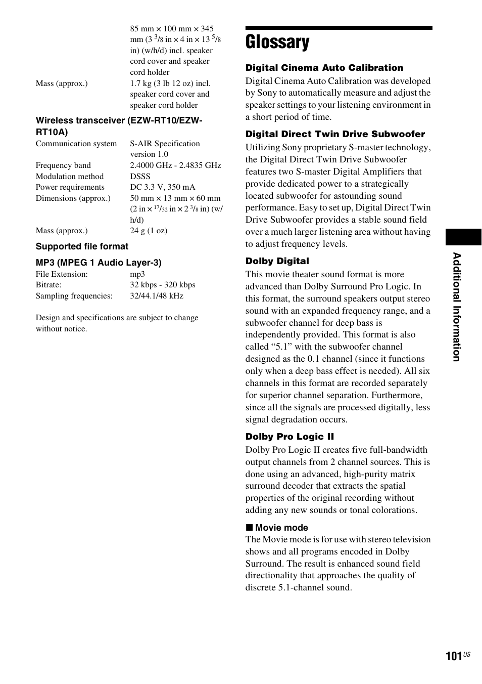 Glossary, Ad dit iona l inf o rma tion | Sony DAV-HDX589W User Manual | Page 101 / 116