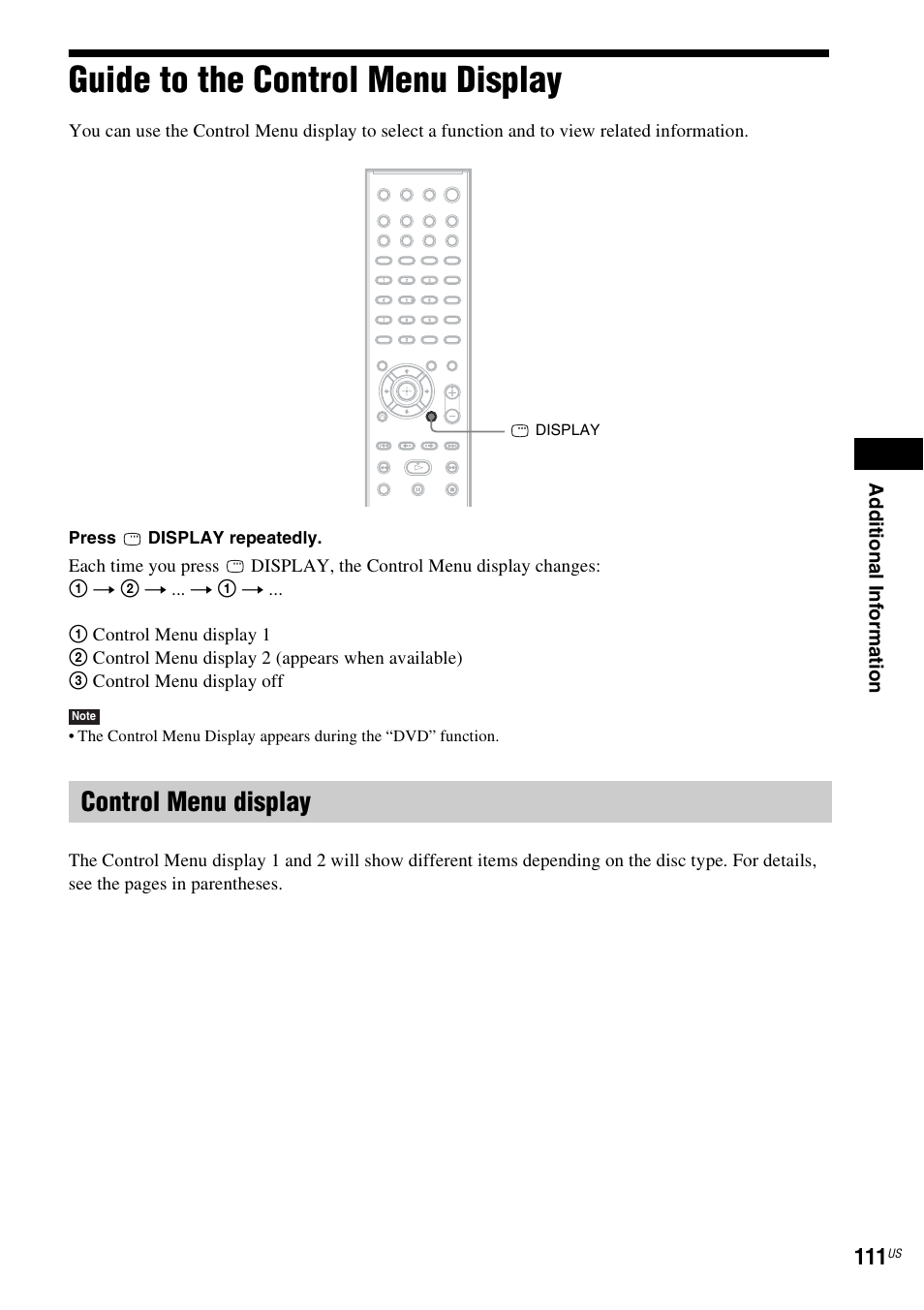 Guide to the control menu display, Control menu display | Sony DAV-HDX589W User Manual | Page 111 / 116