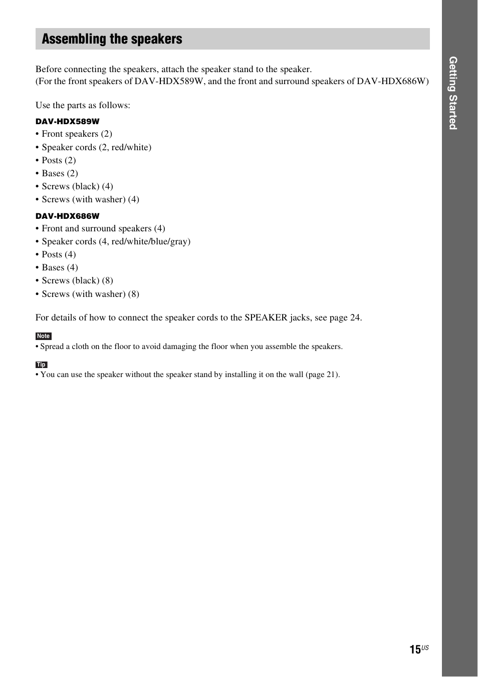 Assembling the speakers | Sony DAV-HDX589W User Manual | Page 15 / 116