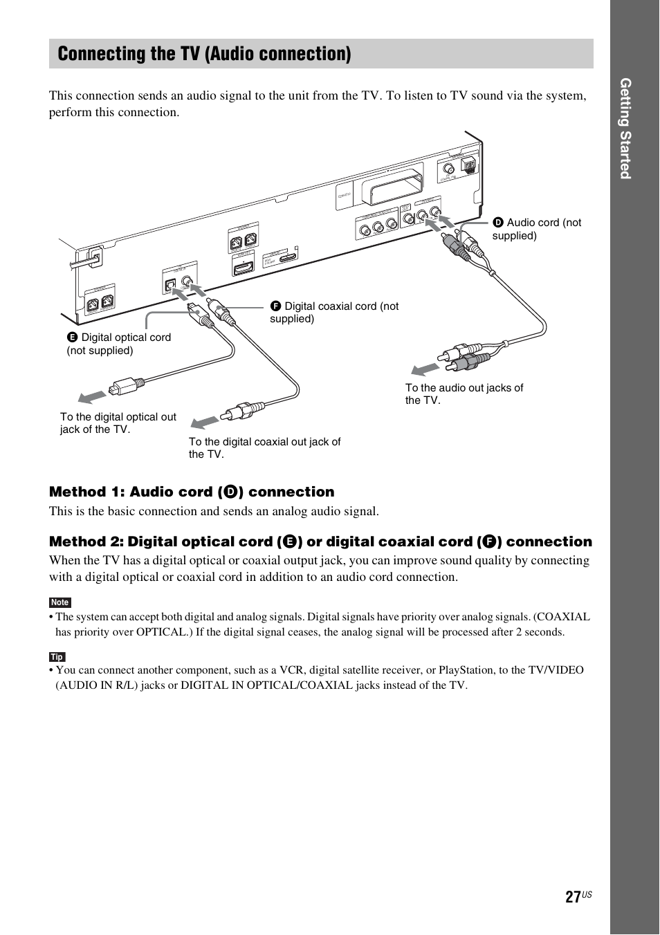 Connecting the tv (audio connection), Ge tting star te d, Method 1: audio cord ( d ) connection | Sony DAV-HDX589W User Manual | Page 27 / 116