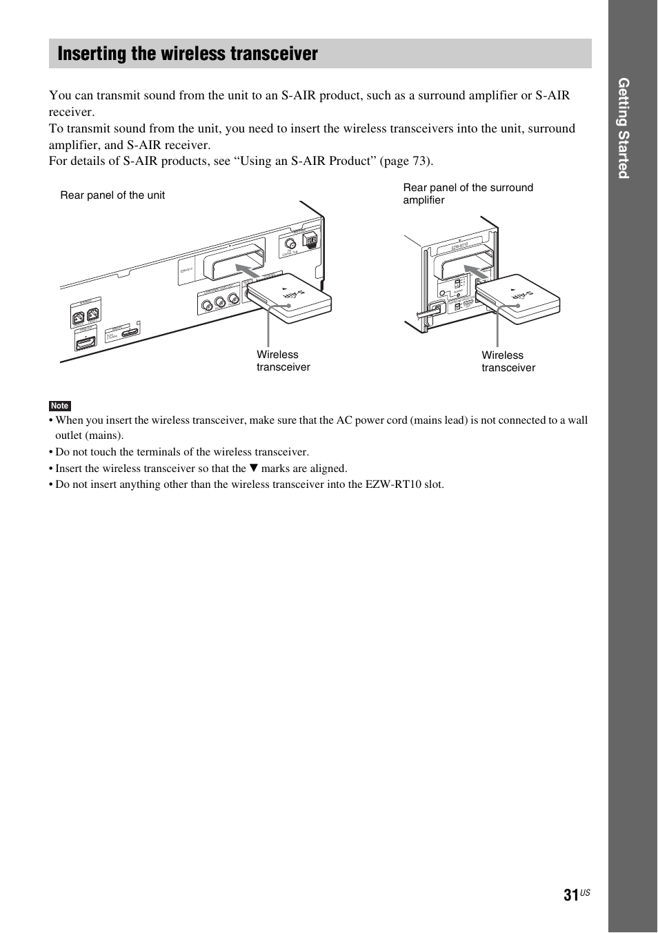 Inserting the wireless transceiver, Ge tting star te d | Sony DAV-HDX589W User Manual | Page 31 / 116