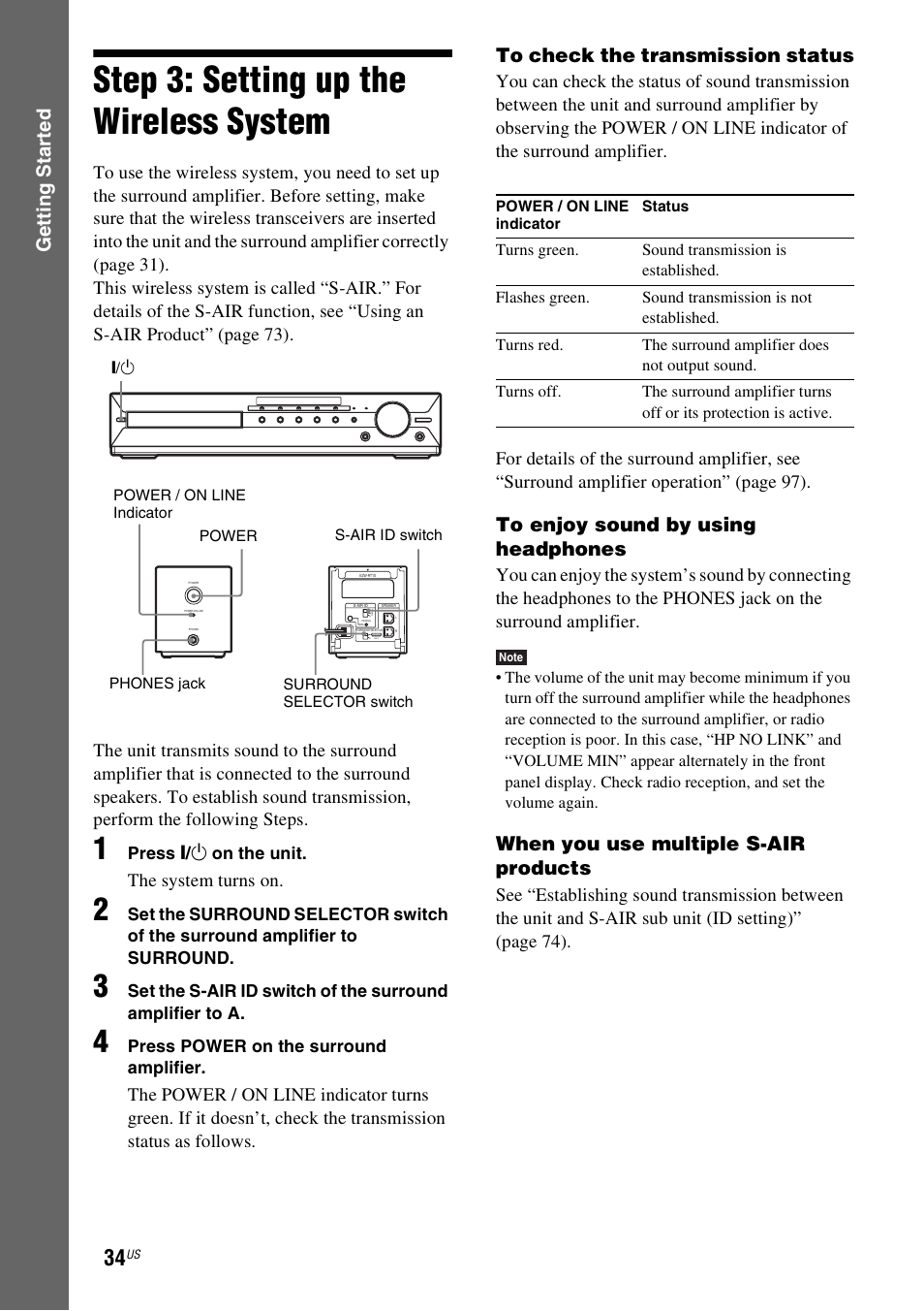 Step 3: setting up the wireless system, Step 3: setting up the wireless, System | Gettin g star ted, When you use multiple s-air products, The system turns on | Sony DAV-HDX589W User Manual | Page 34 / 116