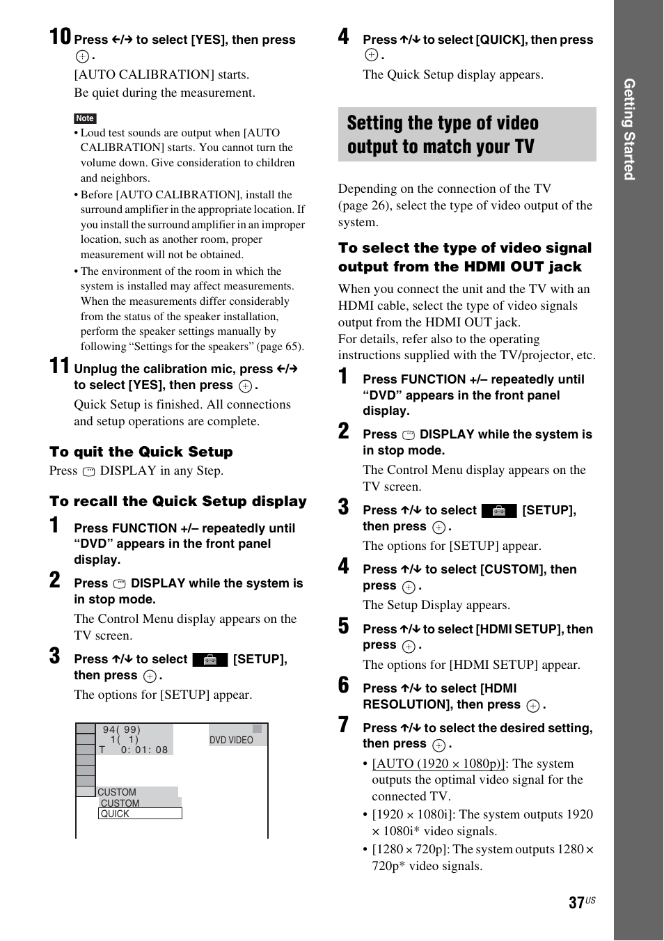 Setting the type of video output to match your tv | Sony DAV-HDX589W User Manual | Page 37 / 116