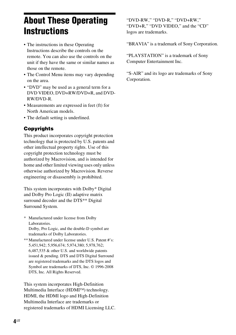 About these operating instructions | Sony DAV-HDX589W User Manual | Page 4 / 116