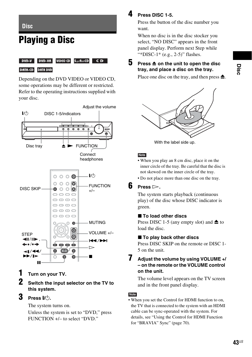 Disc, Playing a disc | Sony DAV-HDX589W User Manual | Page 43 / 116