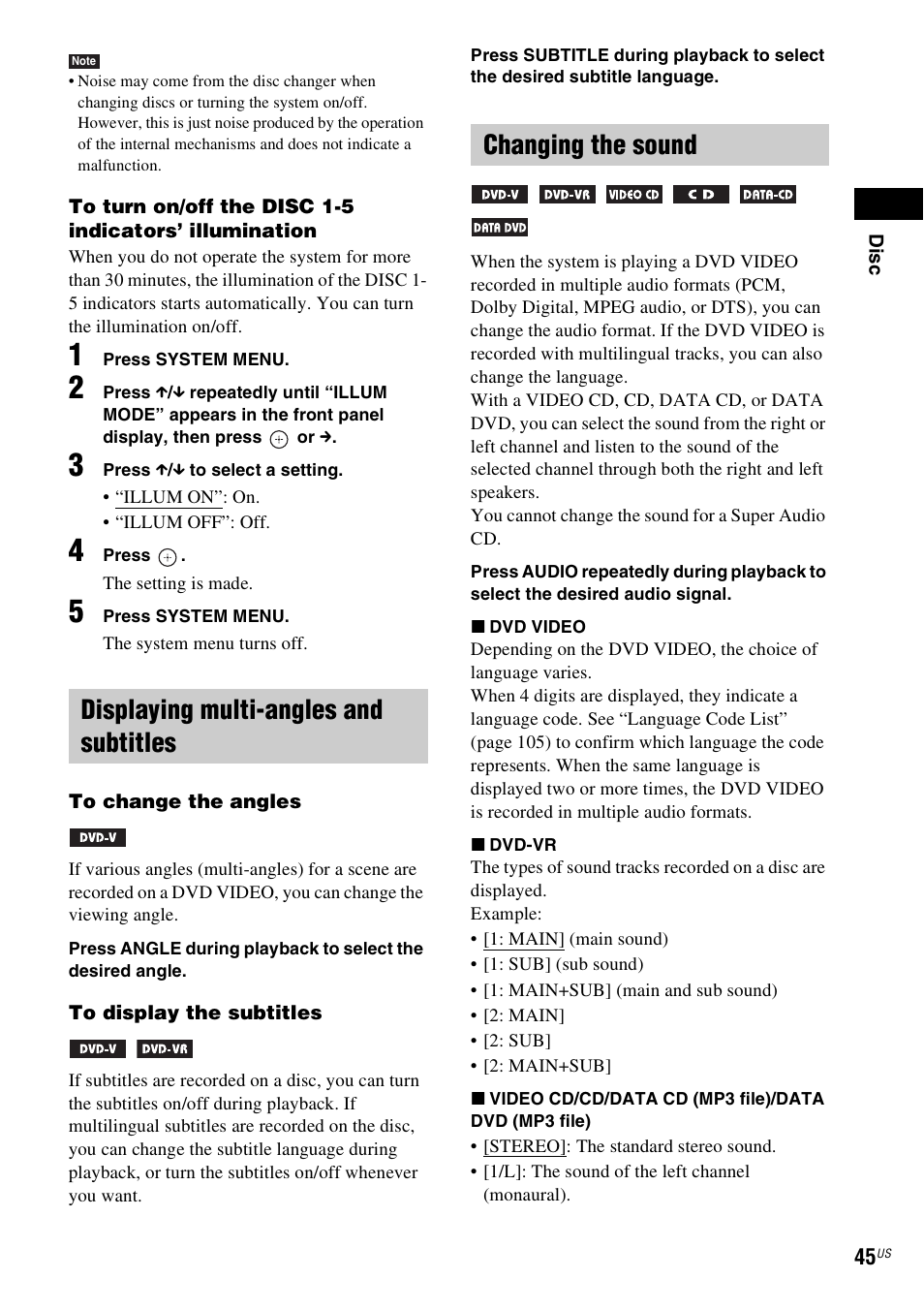 Displaying multi-angles and subtitles, Changing the sound | Sony DAV-HDX589W User Manual | Page 45 / 116