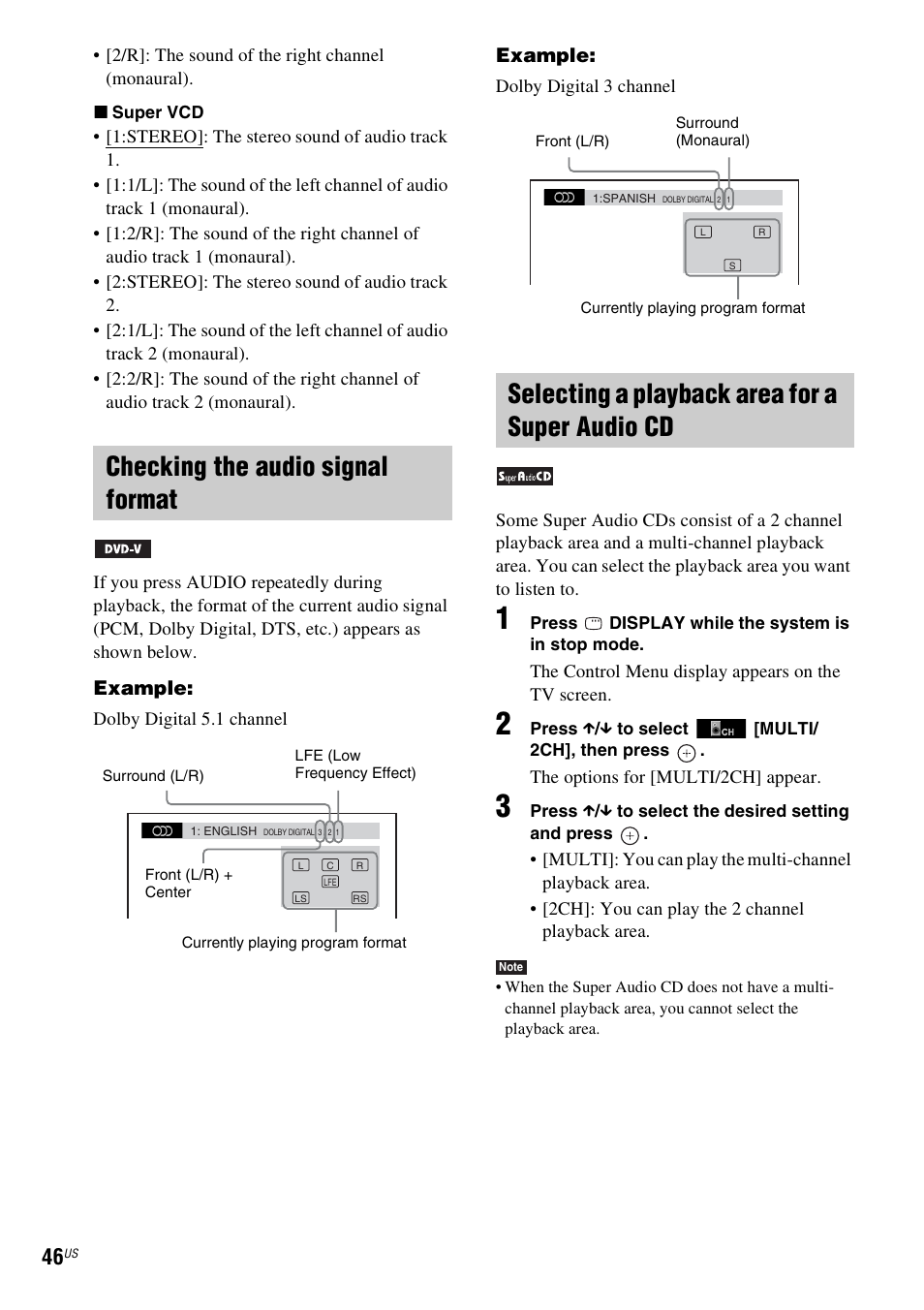 Checking the audio signal format, Selecting a playback area for a super audio cd | Sony DAV-HDX589W User Manual | Page 46 / 116