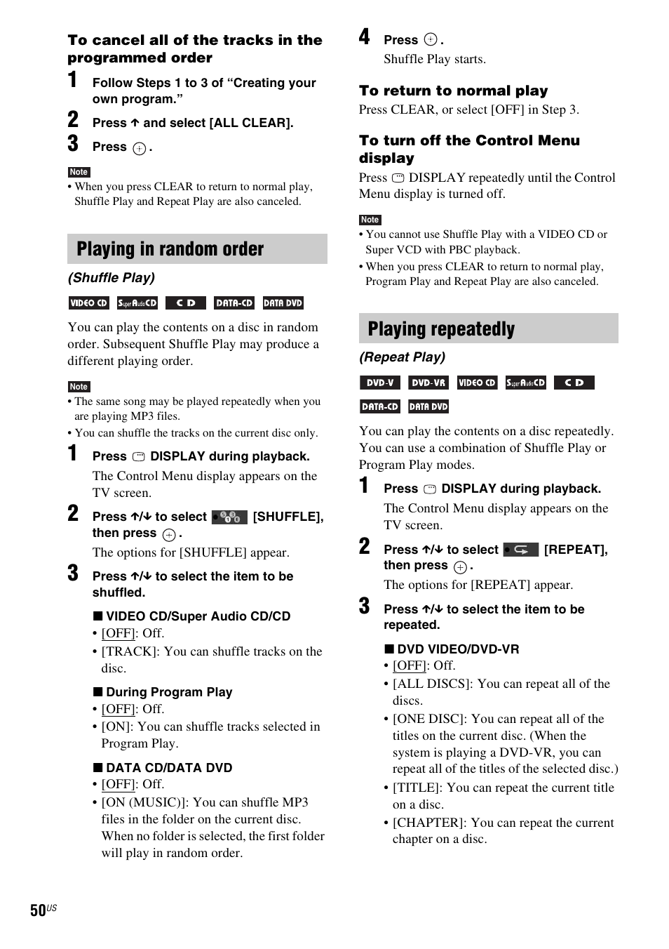 Playing in random order, Playing repeatedly | Sony DAV-HDX589W User Manual | Page 50 / 116