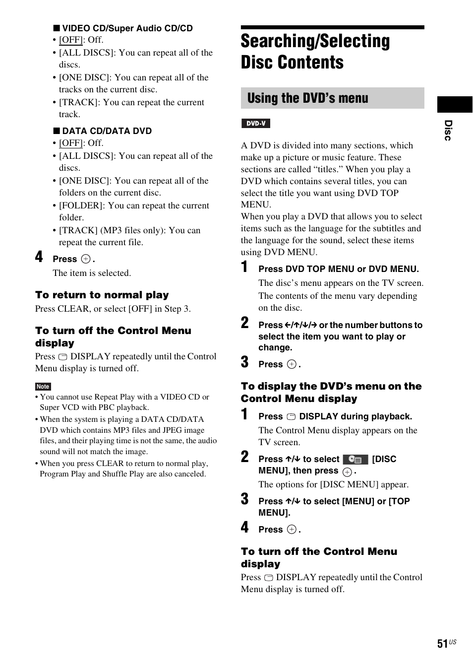 Searching/selecting disc contents, Using the dvd’s menu | Sony DAV-HDX589W User Manual | Page 51 / 116