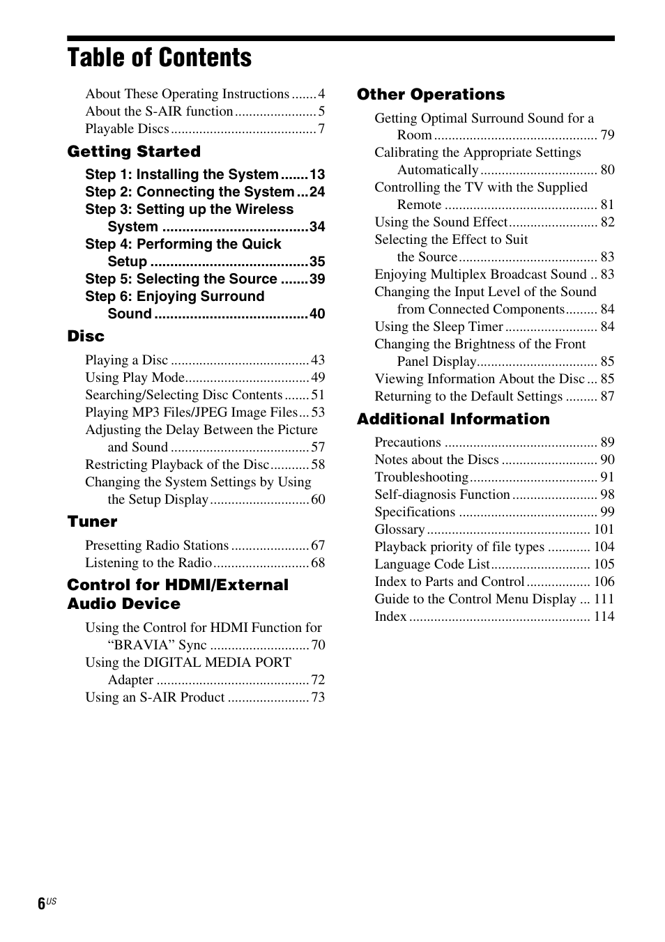 Sony DAV-HDX589W User Manual | Page 6 / 116