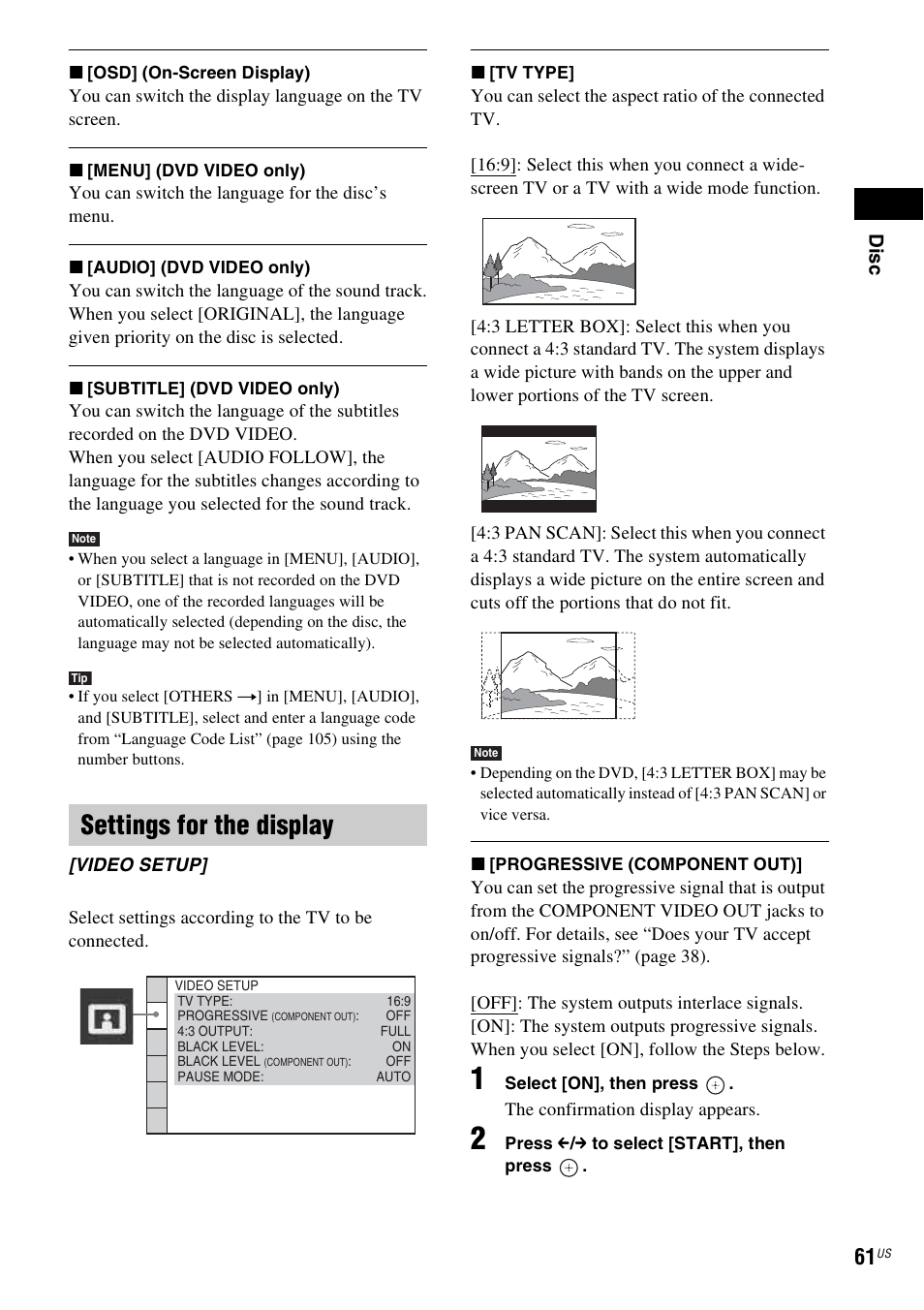 Settings for the display | Sony DAV-HDX589W User Manual | Page 61 / 116