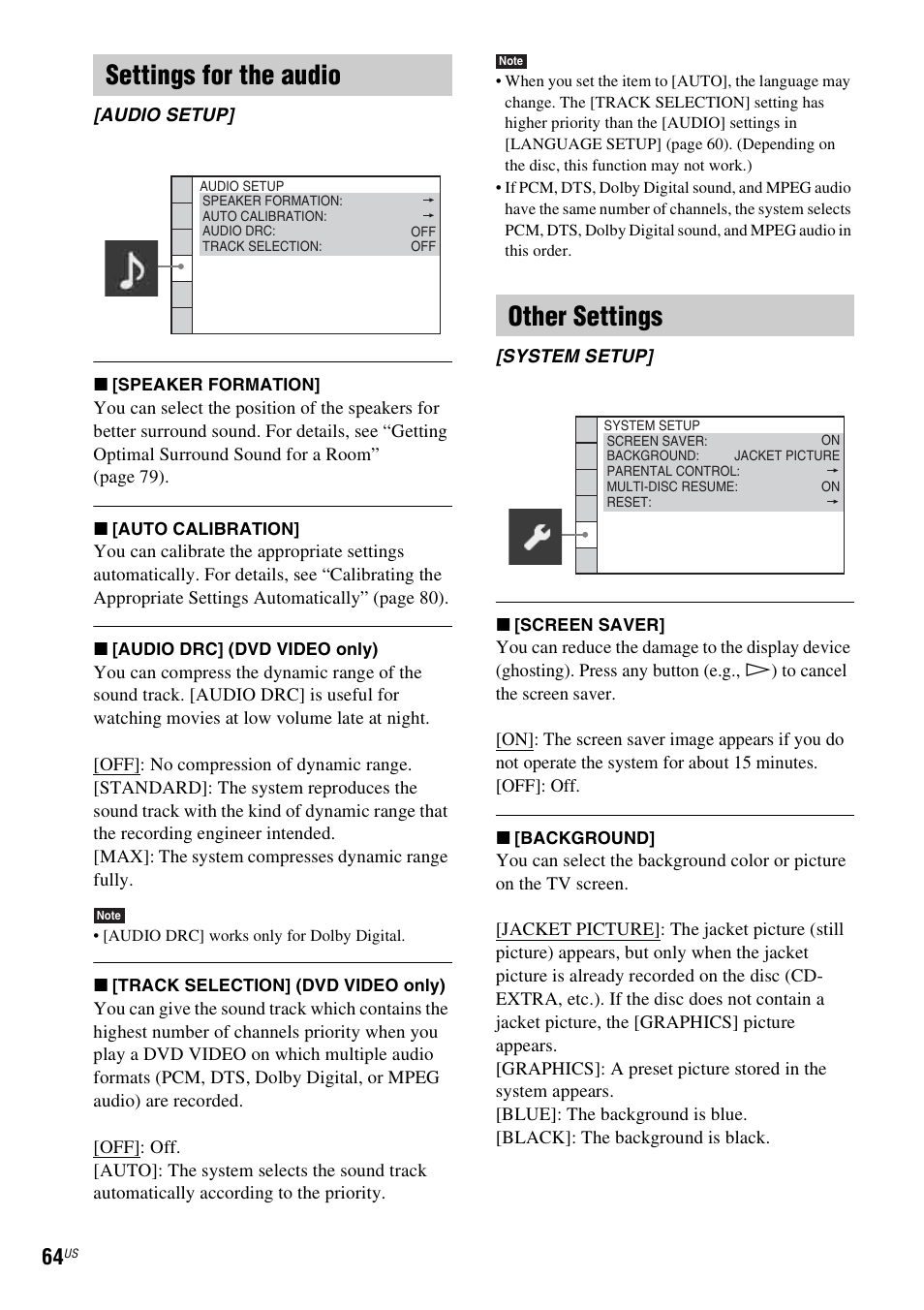 Settings for the audio, Other settings | Sony DAV-HDX589W User Manual | Page 64 / 116