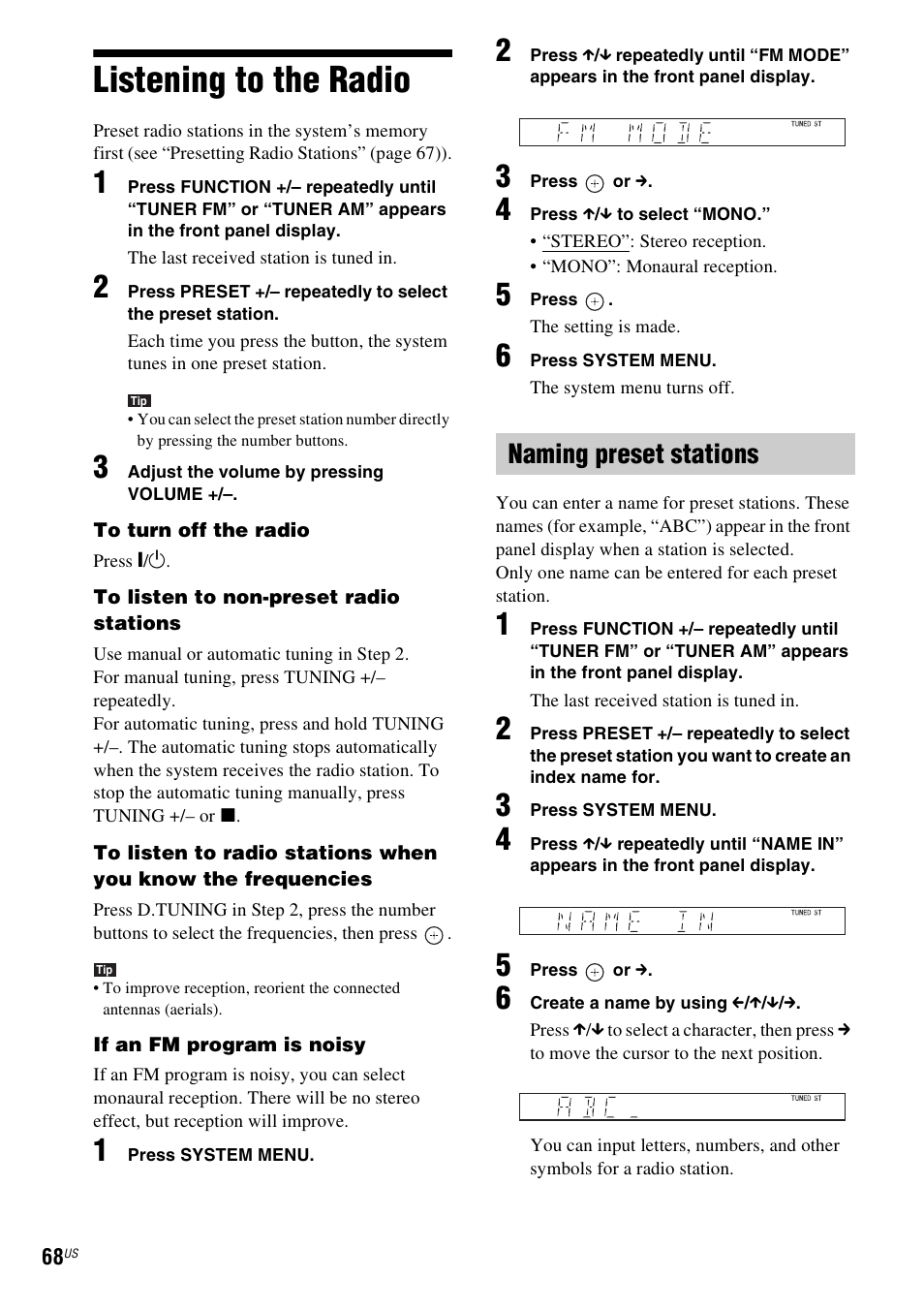 Listening to the radio, Naming preset stations | Sony DAV-HDX589W User Manual | Page 68 / 116