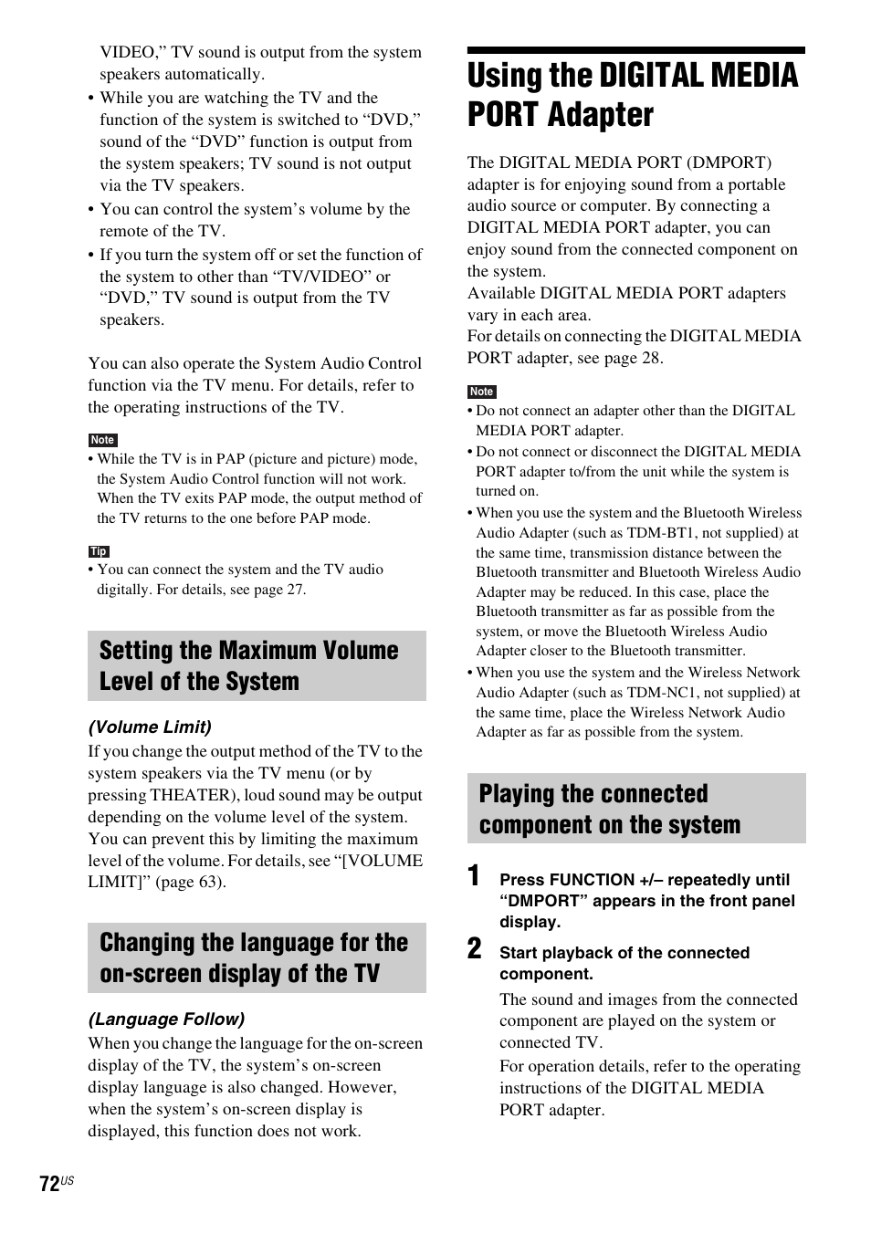 Setting the maximum volume level of the system, Using the digital media port adapter, Playing the connected component on the system | Using the digital media port, Adapter | Sony DAV-HDX589W User Manual | Page 72 / 116